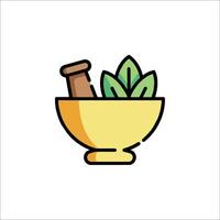 A bowl with herbs and a bottle of water vector