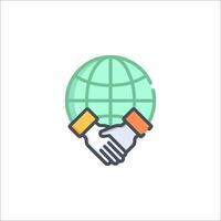 Handshake icon with a globe and two hands vector