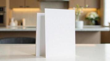 Blank white letterhead on table, scandinavian style flyer, space for text, invitation mockup. Minimal business brand template. Soft shadow photo