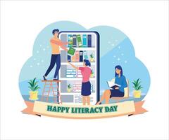 People read books in digital libraries on a giant smartphone screens with various books. Happy Literacy Day on the 8th of September. Flat modern illustration vector