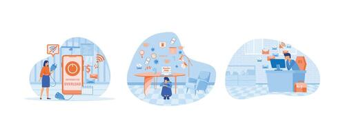 Information detox. Information overload. Coronavirus information overload, girl hiding under table. Information overload and data excess concept. Set flat modern illustration vector