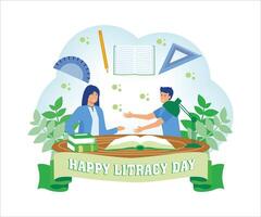 People celebrate international literacy day and happy student day by working on computers and reading books. Flat modern illustration vector