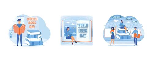 Young boy reading books. A girl reads a fantasy book against the background of a large book. Reading a picture book on World Book Day. Set flat illustration vector