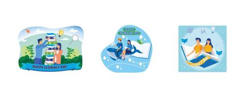 A boy and a girl are stacking up and collecting books to read together. Happy Literacy Day. Imagination Concept, Reading Books Becomes an Adventure. Set flat illustration vector