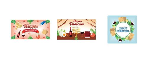 Easter greeting card banner. Happy passover horizontal banner with vegetables, holy book, and drink. Pesach template for design with matzah and spring flowers. Set flat illustration vector