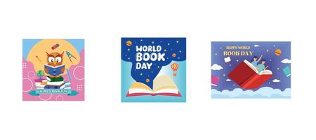 World Book Day Design by Owl Reading A Book. World Book Day. Open book with blue sky background. Increase Insight and Knowledge Suitable for Wallpaper or Posters. Set flat modern illustration vector