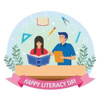 People celebrate international literacy day and students' happy day, by working on computers, and reading books. Flat modern illustration vector