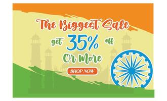 Biggest Sales and Discounts website banner design with National symbols of India and Famous Monuments, reflects a peaceful atmosphere. flat modern illustration vector