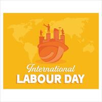 International Labor Day Concept. Happy Labour Day Typography with a group of workers and Safety Helmet. Poster banner template design. flat modern illustration vector