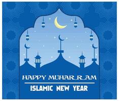 Islamic design in the form of Hijri muharram background and Islamic new year greeting card template with islamic frame, crescent moon and mosque decoration. flat modern illustration vector