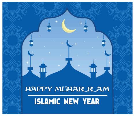 Islamic design in the form of Hijri muharram background and Islamic new year greeting card template with islamic frame, crescent moon and mosque decoration. flat modern illustration