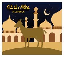 Eid al-Adha Greeting Card with Goat and Mosque Under Crescent Moon. vector