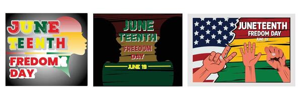 PrintJuneteenth Freedom Day. Independence Day June 19. Flags and three Raised Hands. Set flat modern illustration vector
