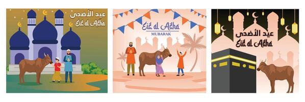 The community donated a cow. Family Celebrates Eid al-Adha. Islamic Architecture and Sacrificial Animals. Set flat modern illustration vector