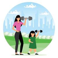 Mother and Daughter Exercising Together Outdoors Using Dumbbells in a Park Setting. vector