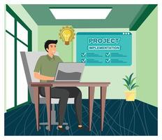 Office Professional Working on Project Implementation in a Modern Workspace. vector