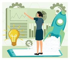 Businesswoman Analyzing Data with Innovation and Growth Concepts Depicted. vector