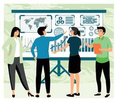 Young girl at office discussing about project to team members or colleagues during meeting. vector