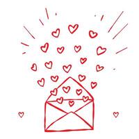 Hand-drawn doodle of an open envelope with little hearts flying out. Perfect for love-themed web and digital designs, Valentines Day, weddings, anniversaries, greeting cards, prints, invitations vector