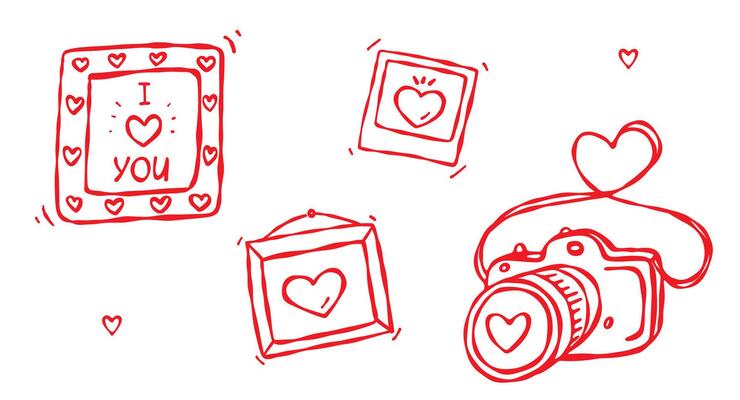 A photo camera with frames and a polaroid photo. Doodle style, hand drawn isolated elements, love theme. Valentines, anniversaries, weddings. For web and digital design, prints, stickers, gifts, cards