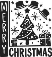 Illustration of a Christmas tree with a vintage style decoration, featuring hats and stars, with the greeting Merry Christmas vector
