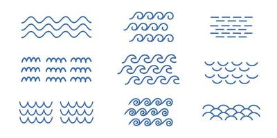 Set of thin linear waves. Sea wave outline elements. Waves lines icons, ocean line swirls and swings, simple water surface symbols, stream thin shapes vector