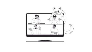 Virtual meeting with playful cat lounging outline 2D object doodle animation. Online conference diverse employees monochrome linear drawing 4K . Computer monitor animated item isolated on white video