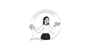 Smiling middle eastern corporate woman in speech bubble outline 2D character doodle animation. Gesturing communication linear drawing 4K . Friendly employee animated person isolated on white video