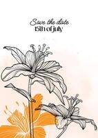 Save the date Tiger Lily line art A4 format. Elegant design in black and orange over white background with hand drawn tiger lily flowers. design easy to edit ready to be used. vector