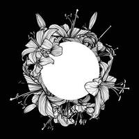 Hand drawn line art tiger lilies on black background. Outline summer flowers grouped under a white circle on a white background. vector