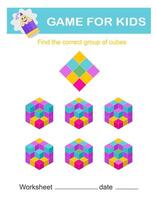 Find the correct group of cubes. Logical game. Attention tasks for children. Printable worksheet vector