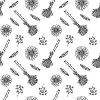 Witchcrafts seamless pattern with broom, feathers and flowers - line art background. vector