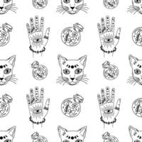 Witchy cat and hand with rings seamless pattern. Modern witchcrafts black outline illustration. vector