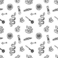 Witchcrafts seamless pattern with broom, feathers, snake and crystal. vector