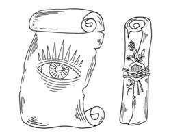 Hand drawing ancient vintage scroll with abstract eye and floral. Witchcraft line art illustration. Black outline doodles set. vector