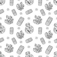Witchcrafts seamless pattern with jars, salt and crystal on white background. vector