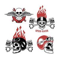 Speed racer. Born to ride. Set of emblems with human skulls in racing helmets. vector