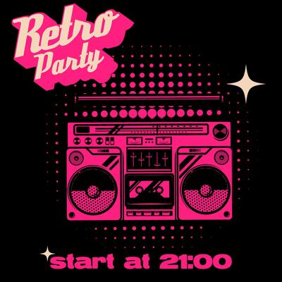 Retro party poster template with boombox on grunge background. Design elements for poster, flyer. illustration.