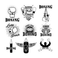 Set of the boxing club labels, emblems and design elements. Boxing gloves. Lucky punch. Set of design elements in . vector