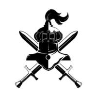 Knight helmet with two swords and shield isolated on white. Design elements for logo, label, emblem, sign, brand mark. illustration. vector