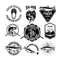 Set of vintage labels with salmon fish. Salmon fishing, salmon meat. Design elements for label, emblem for fishing club. vector