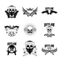 Set of gangsta skulls isolated on white background. outlaw. Wings with weapon. Design element for t-shirt print, poster, sticker. vector