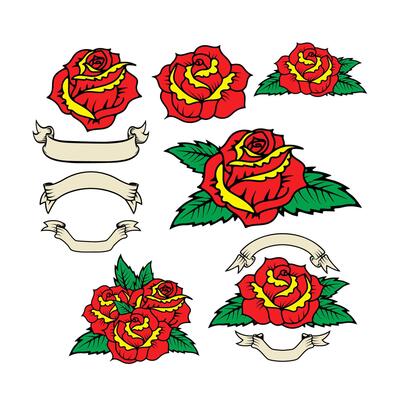 Set of the old school style roses with leaves isolated on white background. Vintage style ribbons. Design elements in .