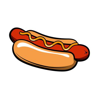Hot dogs. Hot dog in retro style with fire isolated on white background. Fast food. Design element for logo, label, emblem, sign. illustration.