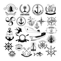 Set of the nautical labels, emblems and design elements. Lighthouse, yachting, deep ocean, anchors, whales, dolphins. Nautical animals icons. vector