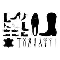 Shoes repair design elements. Leather workshop. Set of shoemaker tools. Design element for logo, label, emblem, sign. vector
