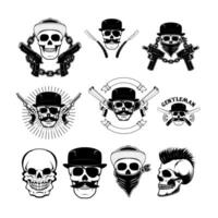 Set of gangsta skulls isolated on white background. element for t-shirt print, poster, sticker. illustration. vector
