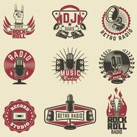 Radio labels. Retro radio, record studio, rock and roll radio emblems. Old style microphone, guitars. vector