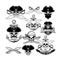 Set of pirate skulls with swords. Design element for logo, label, emblem, sign, brand mark. illustration. vector