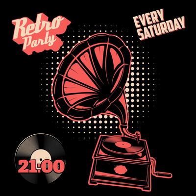 Retro party vintage poster template. Vintage style gramophone on grunge background.